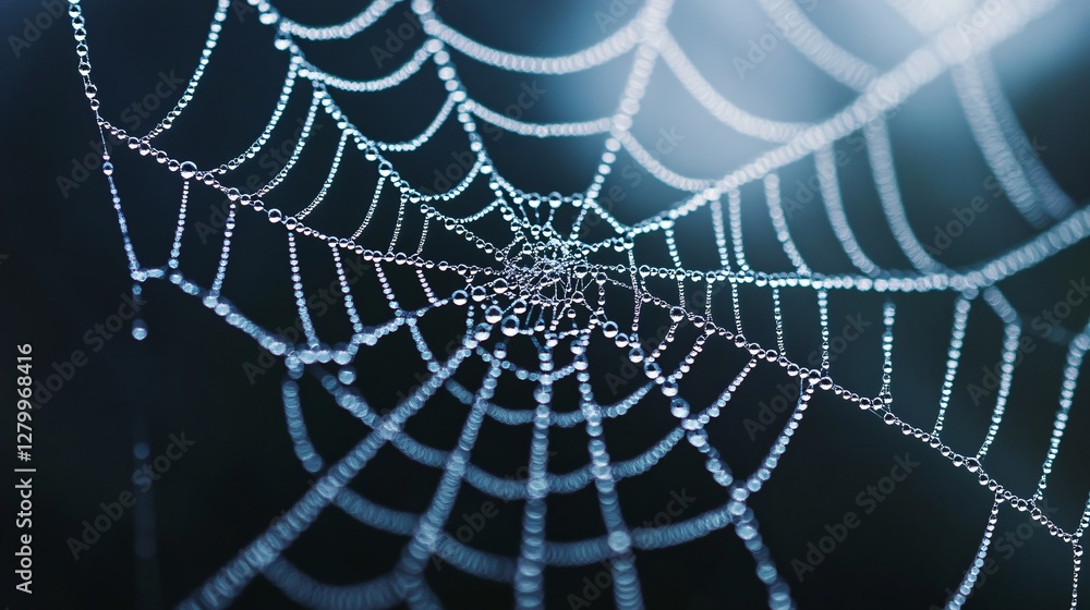 Naklejka premium A delicate spiders web covered in morning dew drops