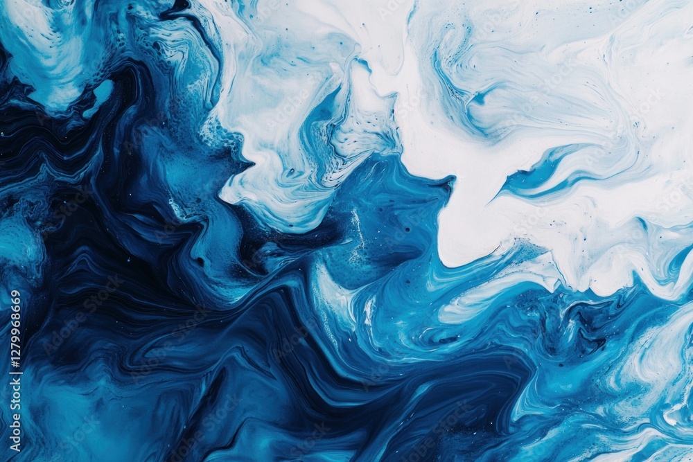 Obraz premium Abstract blue and white fluid acrylic paint swirls.
