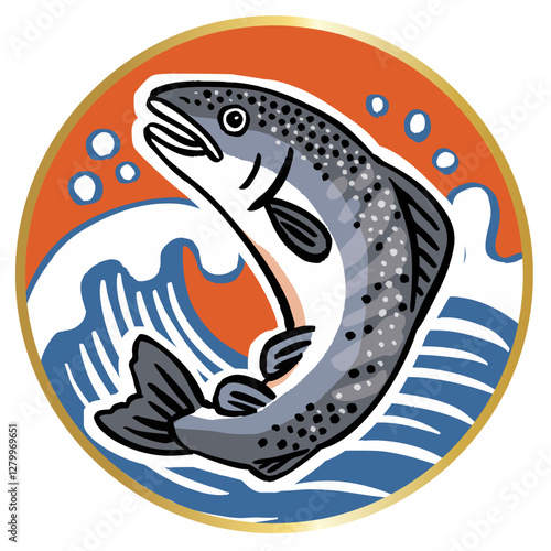 跳ねる鮭と波のベクターイラスト