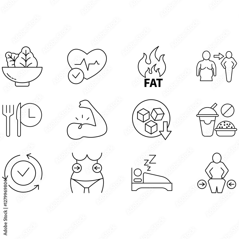Fototapeta premium Weight loss icons set. Set of editable stroke icons.Set of Weight loss