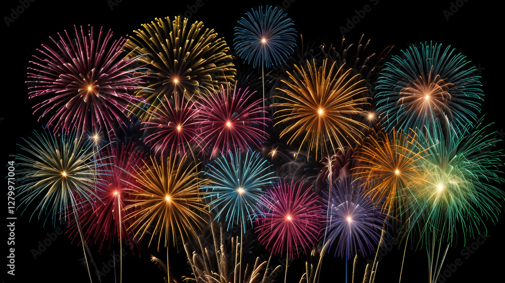 Fiery Symphony: A stunning display of vibrant fireworks bursts across the night sky, illuminating the darkness with a kaleidoscope of colors. The explosions create a captivating spectacle. Fiery Symphony: A stunning display of vibrant fireworks bursts across the night sky, illuminating the darkness with a kaleidoscope of colors. The explosions create a captivating spectacle.