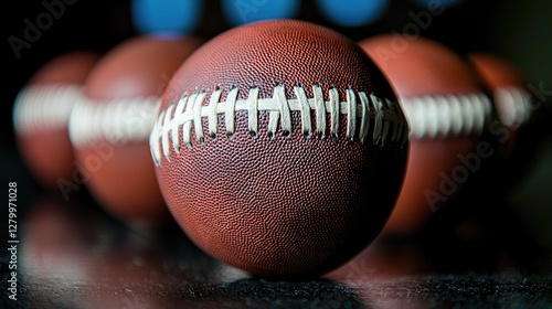 American footballs on dark surface, game background