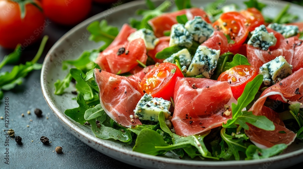 Fresh prosciutto and blue cheese salad on a plate Fresh prosciutto and blue cheese salad on a plate