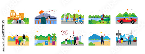 Trip and Vacation set illustration. Flat vector illustration concept.