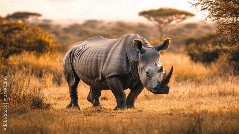 Obraz premium White Rhinoceros in African Savanna at Sunset
