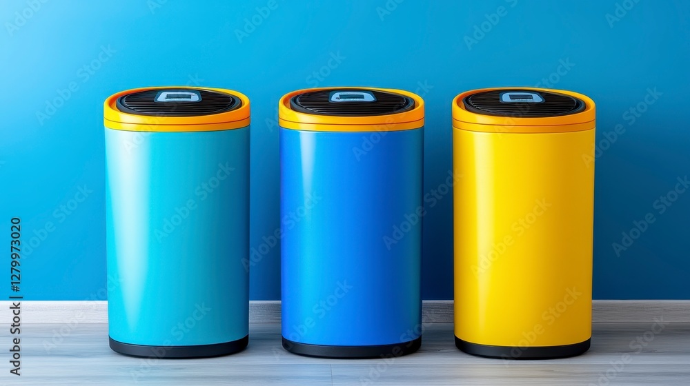 Vibrant Trash Cans in Bright Colors Against a Blue Wall Background