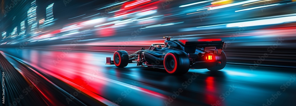 Naklejka premium Formula 1 motor sport race car driver at high speed performance motion blur speed racing track in vibrant red colors. Generative AI