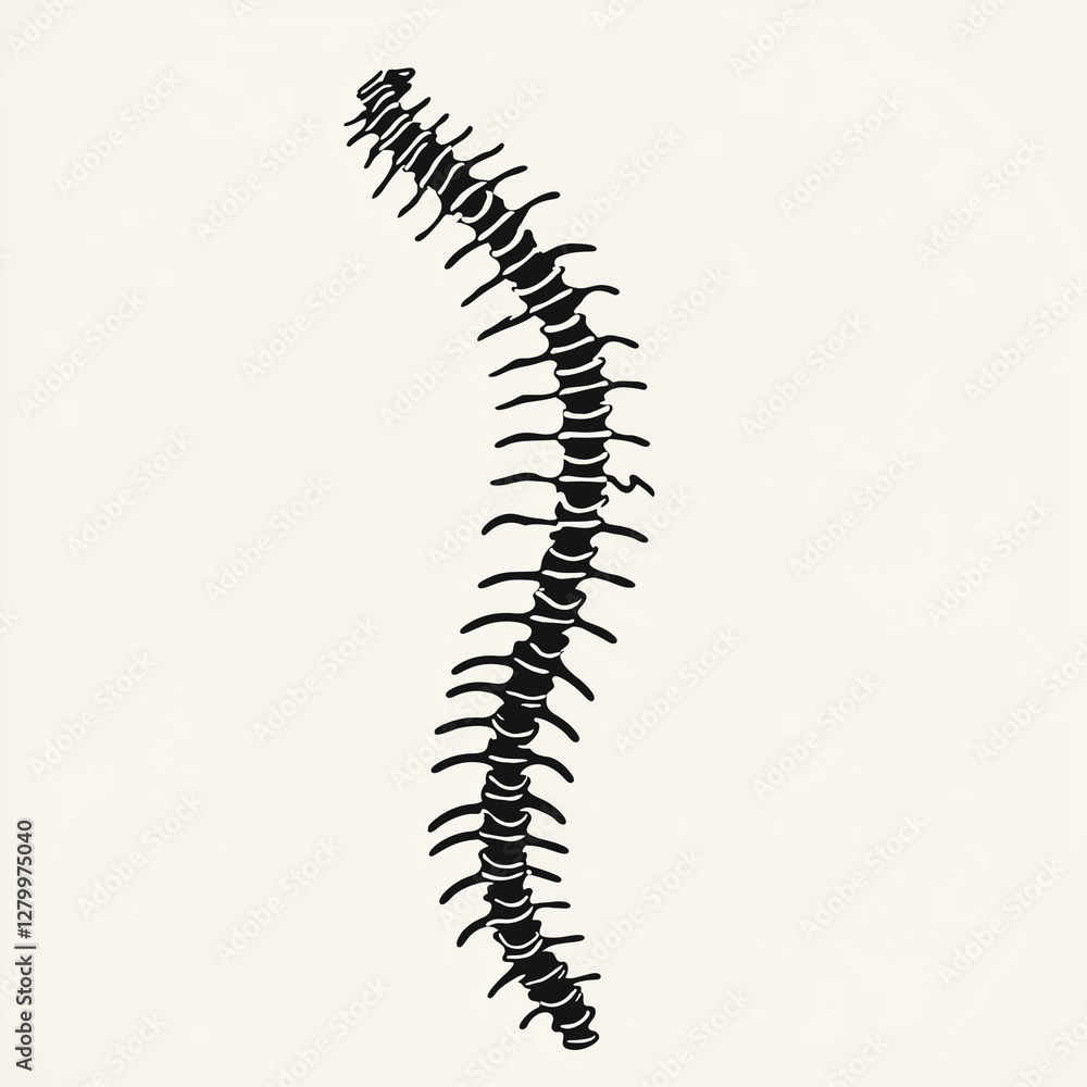 Detailed illustration of the human spine in a naturally curved position, highlighting individual vertebrae for anatomical study and educational purposes Detailed illustration of the human spine in a naturally curved position, highlighting individual vertebrae for anatomical study and educational purposes