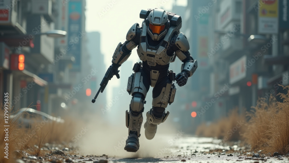 Futuristic Soldier Running Cityscape - Sci-Fi & Fantasy Futuristic Soldier Running Cityscape - Sci-Fi & Fantasy