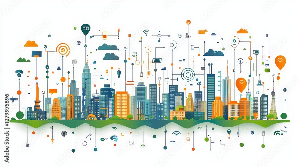 Futuristic Smart City Skyline, interconnected buildings, background of green landscape, technology use Futuristic Smart City Skyline, interconnected buildings, background of green landscape, technology use