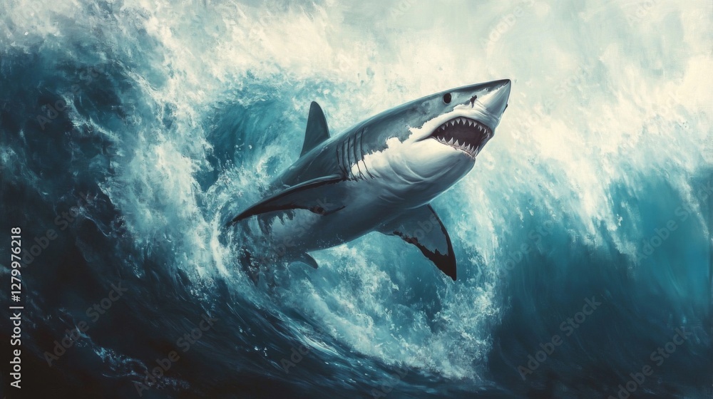 Fototapeta premium Great White Shark Leaping From Ocean Wave