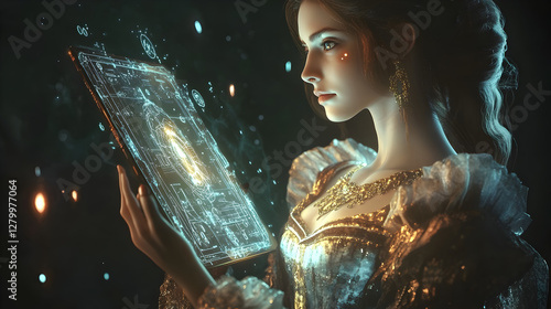 Renaissance woman in a luxurious gown, holding a sleek, glowing AI tablet with futuristic symbols  photo