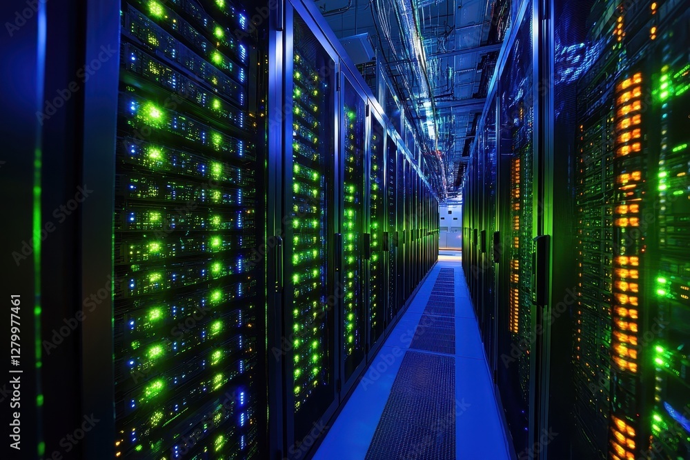 Rows of illuminated servers in a data center. Illustrates data storage, processing power, and network infrastructure. Rows of illuminated servers in a data center. Illustrates data storage, processing power, and network infrastructure.