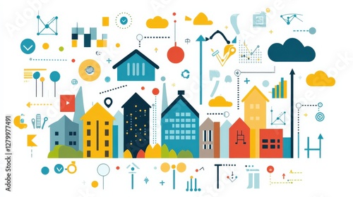 Colorful illustration of urban landscape with buildings, graphs, and playful elements depicting growth