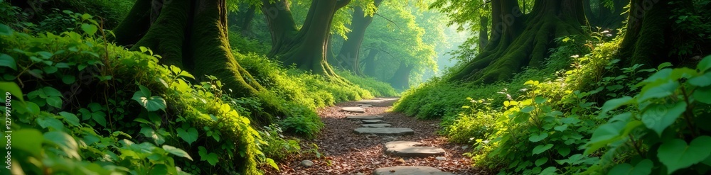 Fototapeta premium Overgrown vintage path alongside lush forest, moss-covered stones, scenery, tranquil, wilderness