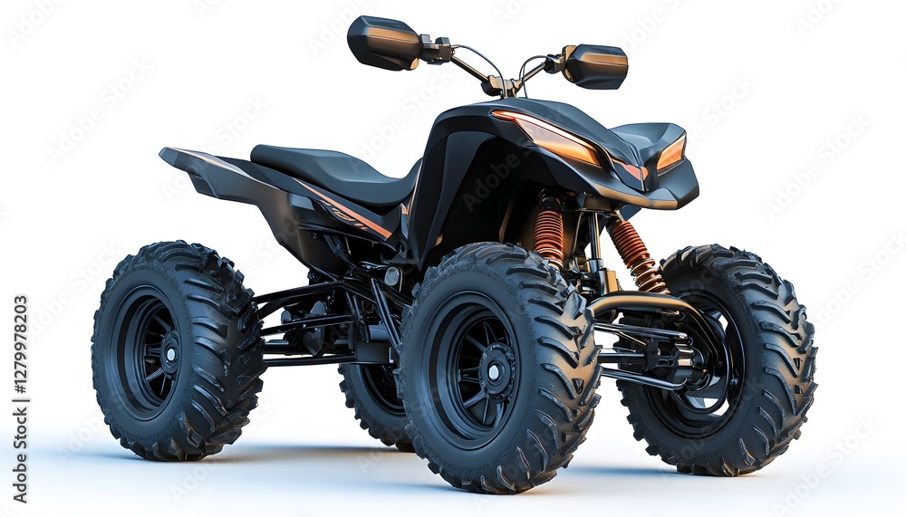 A black and bronze four wheeled all terrain vehicle stands A black and bronze four wheeled all terrain vehicle stands