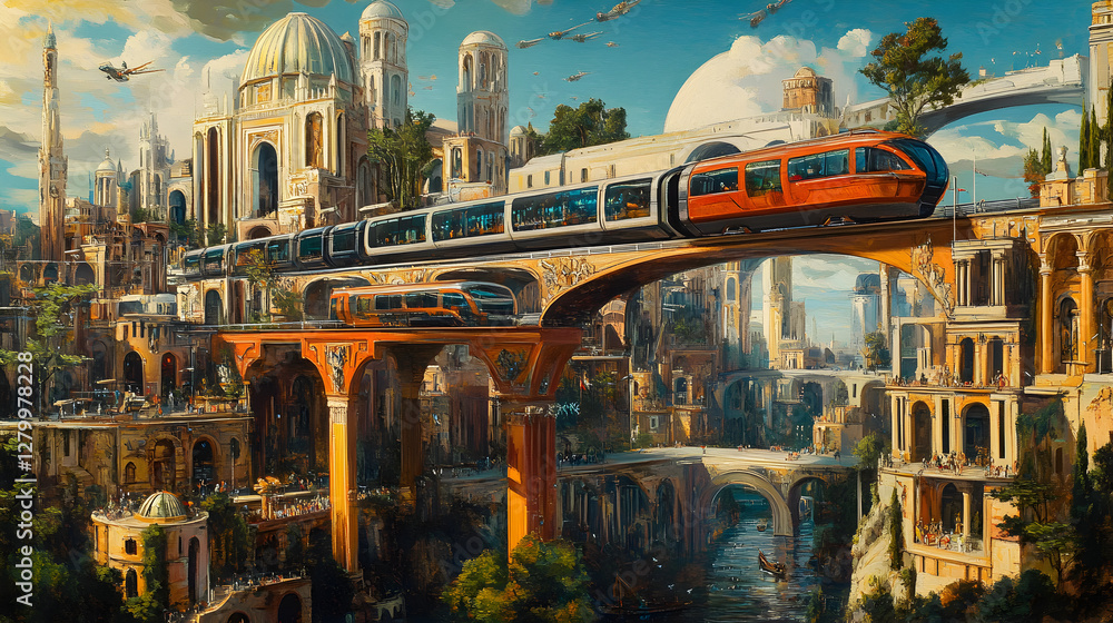 Obraz premium oil painting of a Renaissance city, seamlessly blending with futuristic AI-powered transportation 