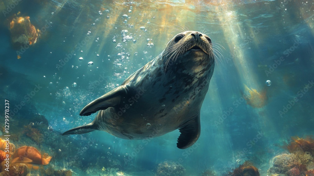 Fototapeta premium Underwater Seal in Sunlit Ocean Water