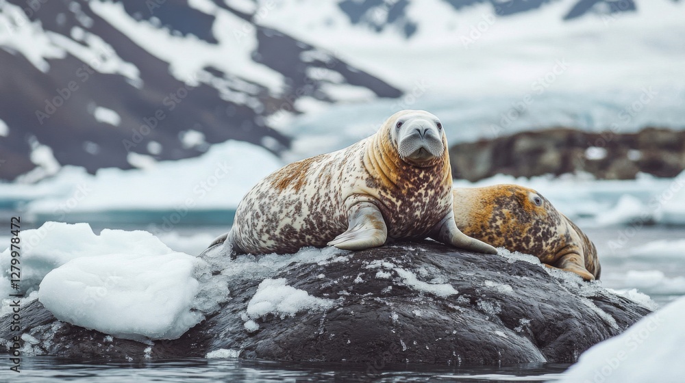 Fototapeta premium Spotted Seals Resting on Icy Rock in Arctic Landscape