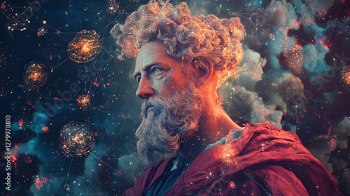 Renaissance portrait of a philosopher surrounded by floating AI algorithms and glowing neural networks 