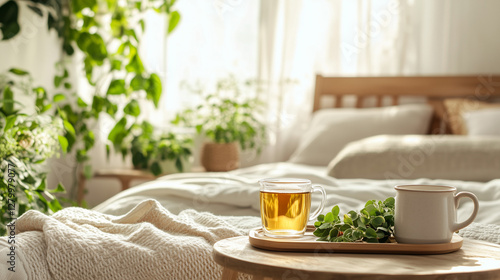 Wallpaper Mural Cozy bedroom with tea and plants on wooden tray
 Torontodigital.ca