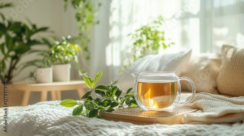 Tea kettle with herbal tea on cozy bed in bright room
