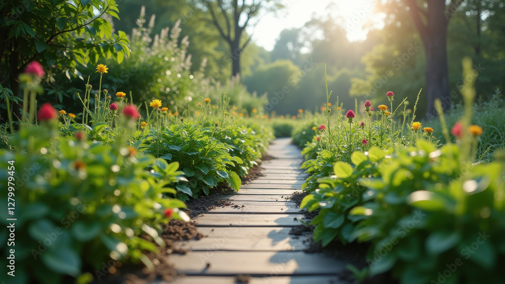 Naklejka premium Sunlit Garden Path with Blooming Flowers - Nature photography