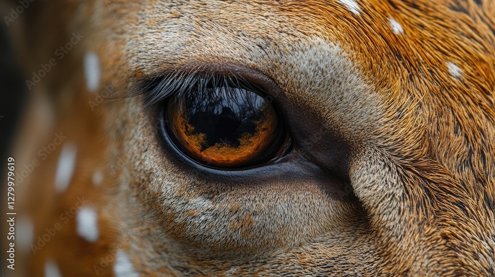 Close-up deer eye, forest reflection, nature wildlife Close-up deer eye, forest reflection, nature wildlife