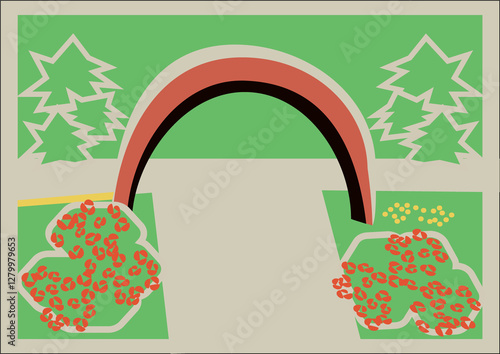 公園、バラが咲いている、憩いの散歩道のシンプル風景イラスト