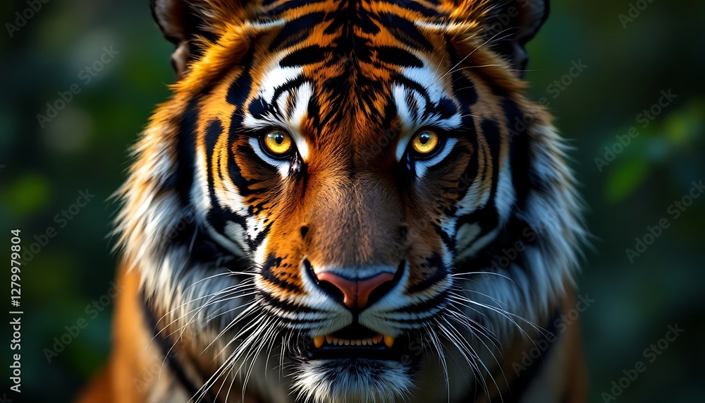 Fototapeta premium Staring Tiger Portrait with Intense Eyes, Orange Fur and Dark Background