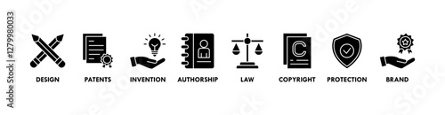 Intellectual property banner web icon vector illustration concept for trademark with icon of design, patents, invention, authorship, law, copyright, protection, and brand