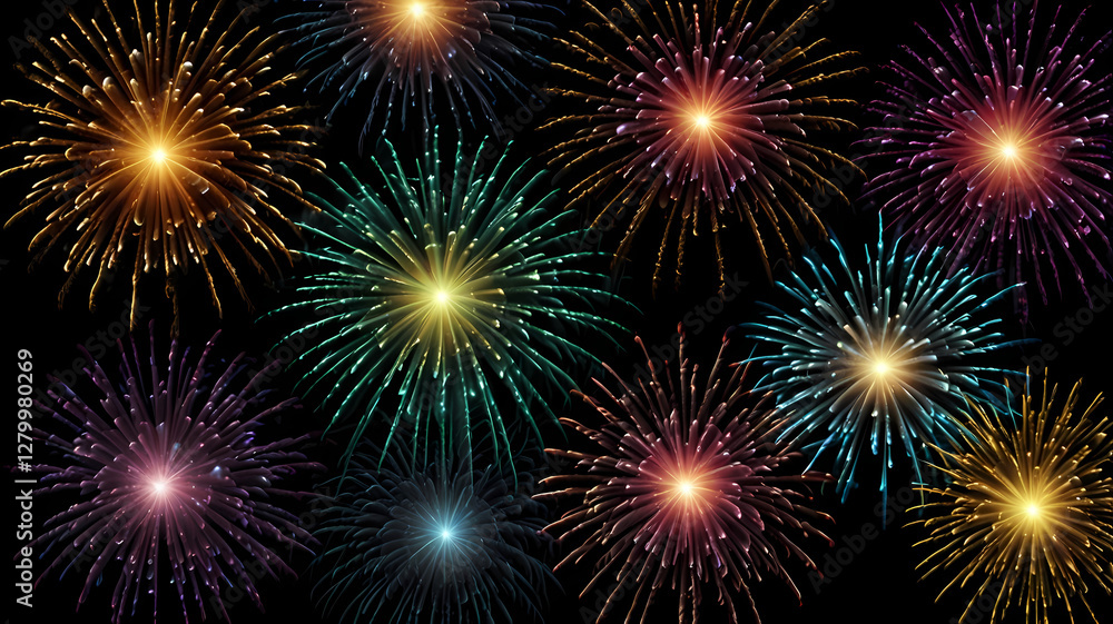 Fireworks Burst: A dazzling display of vibrant fireworks explodes in a kaleidoscope of colors against a night sky, creating a festive and celebratory atmosphere. Fireworks Burst: A dazzling display of vibrant fireworks explodes in a kaleidoscope of colors against a night sky, creating a festive and celebratory atmosphere.