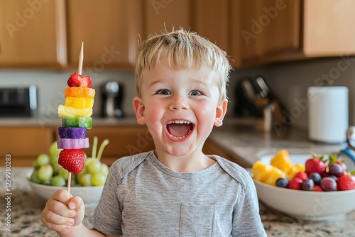 A little boy holds up a rainbow fruit skewer with excitement