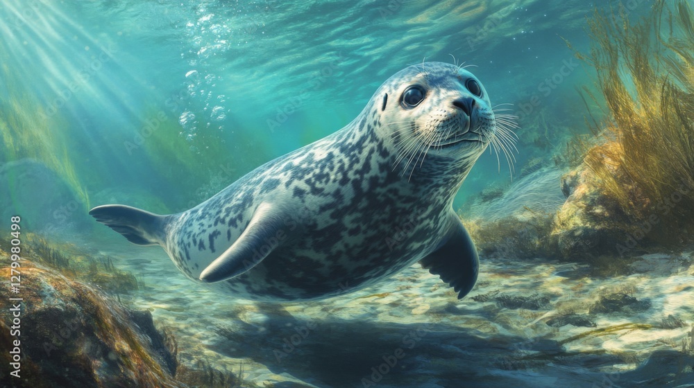 Harbor Seal Underwater in Ocean Sunlight Harbor Seal Underwater in Ocean Sunlight