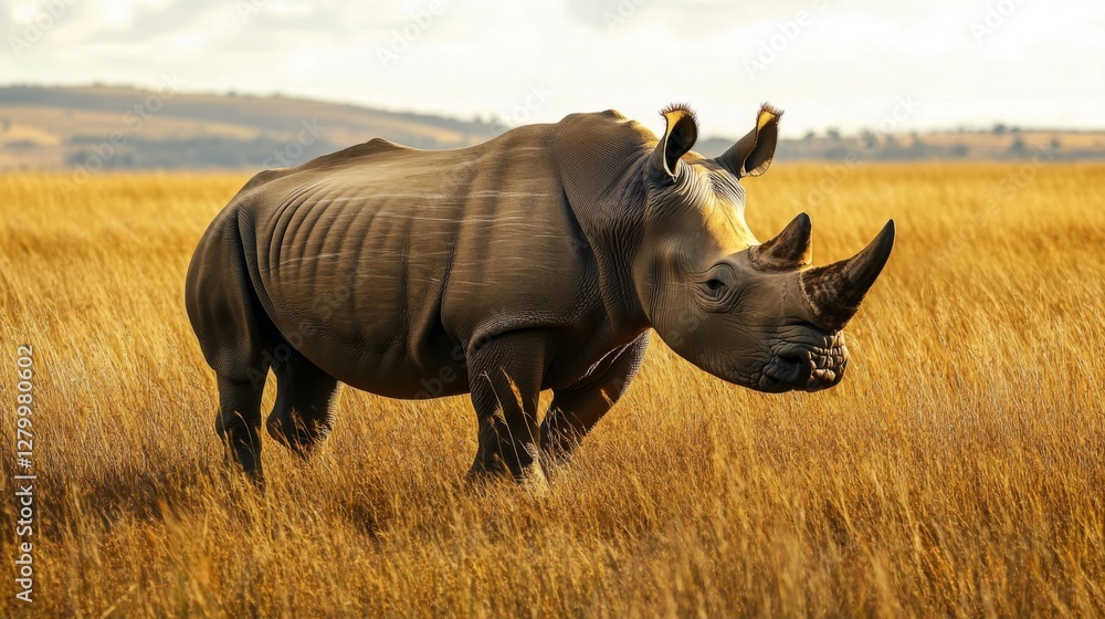 Obraz premium White Rhinoceros in Golden Grassland