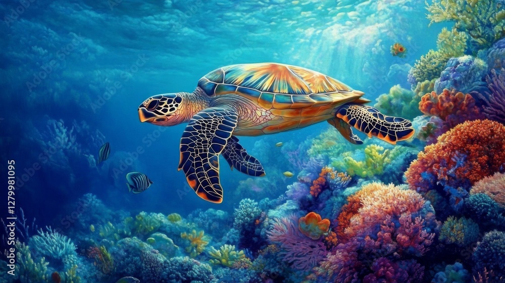 Naklejka premium Sea Turtle Swimming in Vibrant Coral Reef Underwater