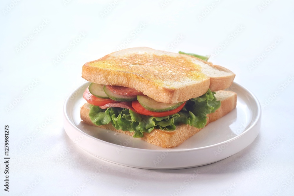 sandwich with smoked beef, lettuce, cucumber and tomato on white plate, isolated on white background.
sandwich with smoked beef, lettuce, cucumber and tomato on white plate, isolated on white background.