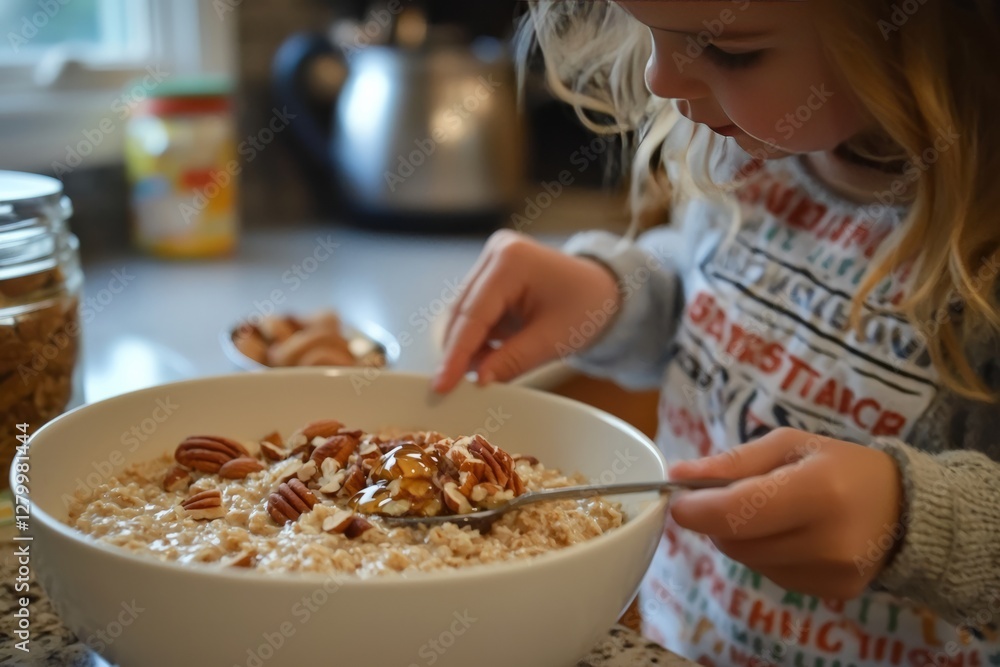 A preschooler helps stir a bowl of oatmeal topped with nuts and honey. The kitchen smells warm, with breakfast ingredients A preschooler helps stir a bowl of oatmeal topped with nuts and honey. The kitchen smells warm, with breakfast ingredients