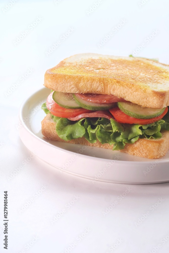 sandwich with smoked beef, lettuce, cucumber and tomato on white plate, isolated on white background.
sandwich with smoked beef, lettuce, cucumber and tomato on white plate, isolated on white background.