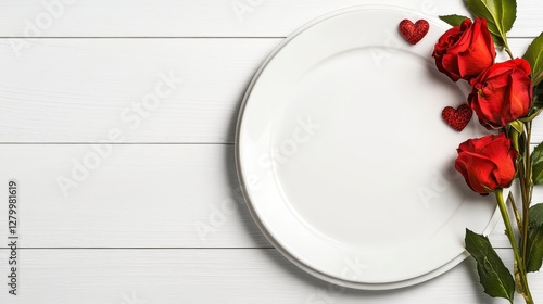 Romantic Valentine's Day Dinner Setting with Red Roses and Hearts on White Plate and Wooden Table