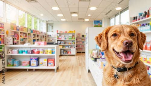 Happy dog posing in bright pet shop interior, cheerful atmosphere