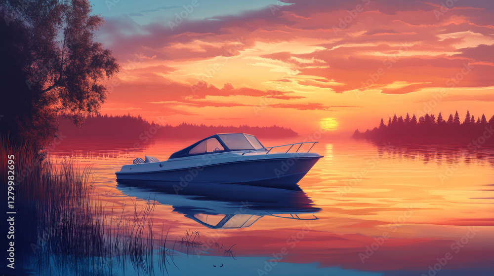 A cabin cruiser drifts gently on a tranquil lake at sunrise with stunning reflections and a serene horizon. AI generative A cabin cruiser drifts gently on a tranquil lake at sunrise with stunning reflections and a serene horizon. AI generative