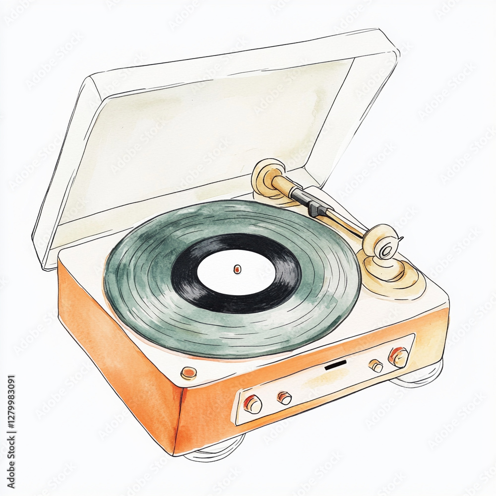 Fototapeta premium Classic Vinyl Record Player in Minimalist Style Isolated on White Background Perfect for Music Lovers and Retro Aficionados Showcasing Timeless Design and Nostalgic Vibes