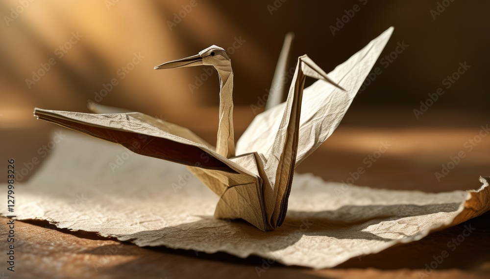 Masterful Paper Crane Crafted from Textured Parchment Paper Masterful Paper Crane Crafted from Textured Parchment Paper