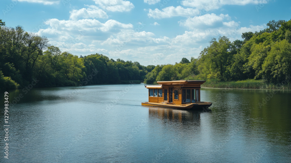 Obraz premium A serene eco cabin boat floats peacefully on a tranquil lake surrounded by nature. AI generative