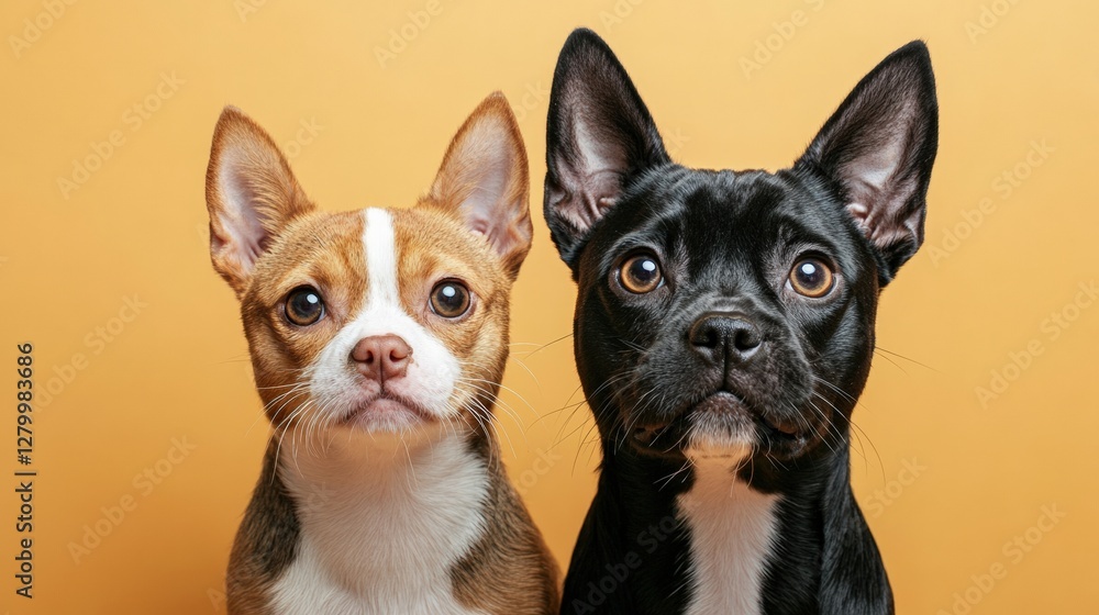 Obraz premium Playful chihuahuas posed against bright yellow background portrait photography indoor studio pet photography concept