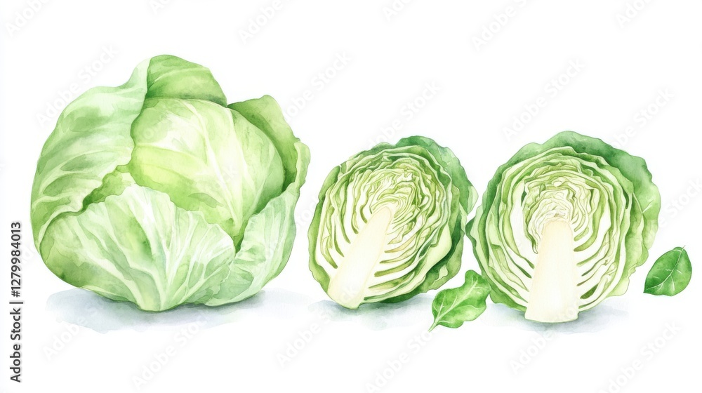 Fototapeta premium A fresh green cabbage, sliced to reveal its crisp, inner layers. Perfect for healthy meals, salads, or adding crunch to various dishes.