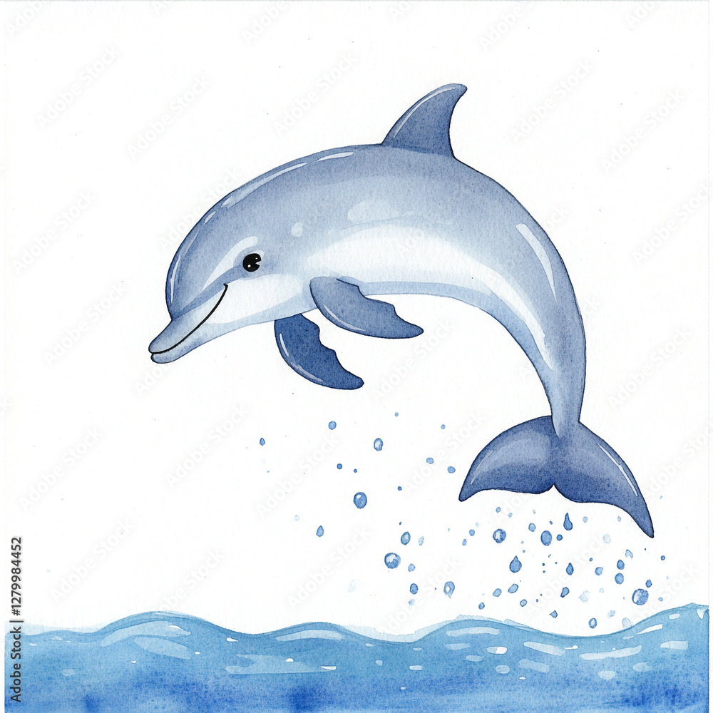 Fototapeta premium Cheerful Dolphin Leaping Joyfully Out of Clear Blue Water in a Minimalist Style Capturing the Essence of Playfulness and Freedom in Nature's Beautiful Ocean Environment