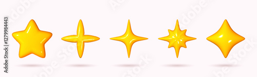 Yellow star icon 3D cartoon style, isolated on a white background. Vector illustration of a plastic, volumetric star.