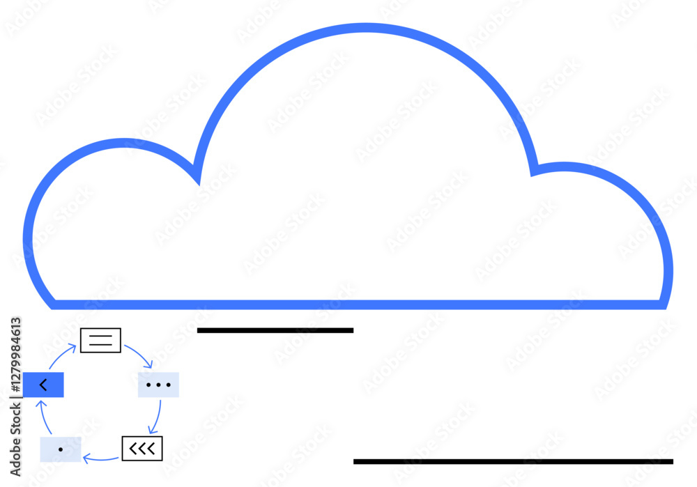 Large cloud outline above arrows, diagrams, and data flow blocks. Ideal for cloud services, data storage, automation, workflows, tech integration, process management abstract line flat metaphor Large cloud outline above arrows, diagrams, and data flow blocks. Ideal for cloud services, data storage, automation, workflows, tech integration, process management abstract line flat metaphor